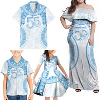 Bula Fiji Day 55th Anniversary Masi Tapa Family Matching Off Shoulder Maxi Dress and Hawaiian Shirt Emerald Jubilee - Turquoise LT7 - Polynesian Pride