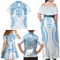 Bula Fiji Day 55th Anniversary Masi Tapa Family Matching Off Shoulder Maxi Dress and Hawaiian Shirt Emerald Jubilee - Turquoise LT7 - Polynesian Pride
