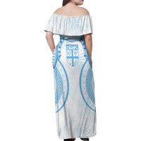 Bula Fiji Day 55th Anniversary Masi Tapa Family Matching Off Shoulder Maxi Dress and Hawaiian Shirt Emerald Jubilee - Turquoise LT7 - Polynesian Pride