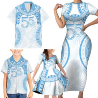 Bula Fiji Day 55th Anniversary Masi Tapa Family Matching Short Sleeve Bodycon Dress and Hawaiian Shirt Emerald Jubilee - Turquoise LT7 - Polynesian Pride