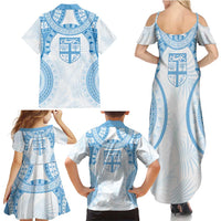 Bula Fiji Day 55th Anniversary Masi Tapa Family Matching Summer Maxi Dress and Hawaiian Shirt Emerald Jubilee - Turquoise LT7 - Polynesian Pride