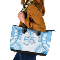 Bula Fiji Day 55th Anniversary Masi Tapa Leather Tote Bag Emerald Jubilee - Turquoise - Polynesian Pride