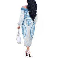 Bula Fiji Day 55th Anniversary Masi Tapa Off The Shoulder Long Sleeve Dress Emerald Jubilee - Turquoise - Polynesian Pride