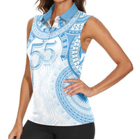Bula Fiji Day 55th Anniversary Masi Tapa Women Sleeveless Polo Shirt Emerald Jubilee - Turquoise - Polynesian Pride