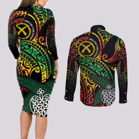 Vanuatu Indipendens Dei Couples Matching Long Sleeve Bodycon Dress and Long Sleeve Button Shirt Mix Traditional Sand Drawing
