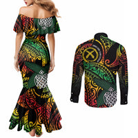 Vanuatu Indipendens Dei Couples Matching Mermaid Dress and Long Sleeve Button Shirt Mix Traditional Sand Drawing