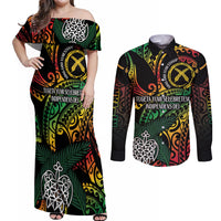 Vanuatu Indipendens Dei Couples Matching Off Shoulder Maxi Dress and Long Sleeve Button Shirt Mix Traditional Sand Drawing