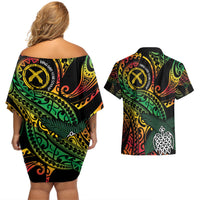 Vanuatu Indipendens Dei Couples Matching Off Shoulder Short Dress and Hawaiian Shirt Mix Traditional Sand Drawing