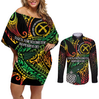 Vanuatu Indipendens Dei Couples Matching Off Shoulder Short Dress and Long Sleeve Button Shirt Mix Traditional Sand Drawing LT7 Colorful - Polynesian Pride