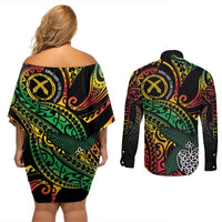 Vanuatu Indipendens Dei Couples Matching Off Shoulder Short Dress and Long Sleeve Button Shirt Mix Traditional Sand Drawing LT7 - Polynesian Pride