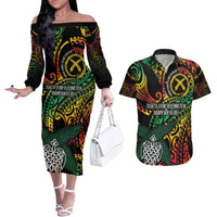 Vanuatu Indipendens Dei Couples Matching Off The Shoulder Long Sleeve Dress and Hawaiian Shirt Mix Traditional Sand Drawing