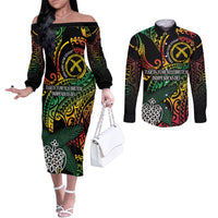 Vanuatu Indipendens Dei Couples Matching Off The Shoulder Long Sleeve Dress and Long Sleeve Button Shirt Mix Traditional Sand Drawing