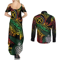 Vanuatu Indipendens Dei Couples Matching Summer Maxi Dress and Long Sleeve Button Shirt Mix Traditional Sand Drawing LT7 - Polynesian Pride
