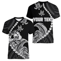 Personalised Guam Women V Neck T Shirt Tribal Turtles Curves Style - Black LT7 - Polynesian Pride
