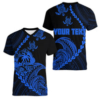 Personalised Guam Women V Neck T Shirt Tribal Turtles Curves Style - Blue LT7 - Polynesian Pride