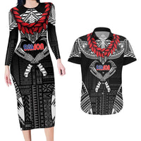 Personalized Talofa Samoa Couples Matching Long Sleeve Bodycon Dress and Hawaiian Shirt Ulafala With Toa Nifo'oti - Black