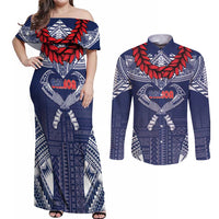 Personalized Talofa Samoa Couples Matching Off Shoulder Maxi Dress and Long Sleeve Button Shirt Ulafala With Toa Nifo'oti - Blue