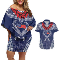 Personalized Talofa Samoa Couples Matching Off Shoulder Short Dress and Hawaiian Shirt Ulafala With Toa Nifo'oti - Blue