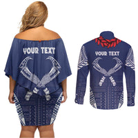 Personalized Talofa Samoa Couples Matching Off Shoulder Short Dress and Long Sleeve Button Shirt Ulafala With Toa Nifo'oti - Blue