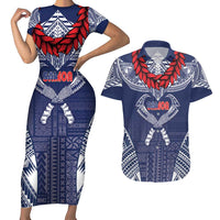 Personalized Talofa Samoa Couples Matching Short Sleeve Bodycon Dress and Hawaiian Shirt Ulafala With Toa Nifo'oti - Blue