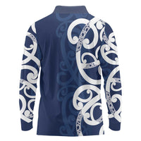 New Zealand Maori Mo Bros Long Sleeve Polo Shirt Blue Ribbon With Koru Kowhaiwhai LT7 - Polynesian Pride