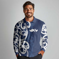 New Zealand Maori Mo Bros Long Sleeve Polo Shirt Blue Ribbon With Koru Kowhaiwhai LT7 - Polynesian Pride