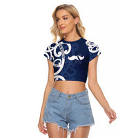 New Zealand Maori Mo Bros Raglan Cropped T Shirt Blue Ribbon With Koru Kowhaiwhai - Polynesian Pride