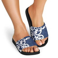 New Zealand Maori Mo Bros Slide Sandals Blue Ribbon With Koru Kowhaiwhai - Polynesian Pride