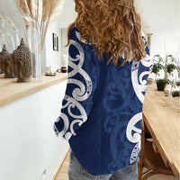 New Zealand Maori Mo Bros Women Casual Shirt Blue Ribbon With Koru Kowhaiwhai LT7 - Polynesian Pride