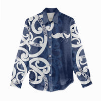 New Zealand Maori Mo Bros Women Casual Shirt Blue Ribbon With Koru Kowhaiwhai LT7 - Polynesian Pride