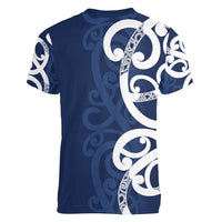 New Zealand Maori Mo Bros Women V-Neck T-Shirt Blue Ribbon With Koru Kowhaiwhai LT7 - Polynesian Pride