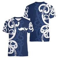 New Zealand Maori Mo Bros Women V-Neck T-Shirt Blue Ribbon With Koru Kowhaiwhai LT7 - Polynesian Pride