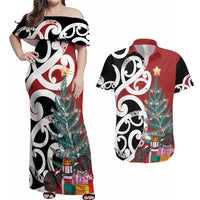 New Zealand Silver Fern Christmas Tree Couples Matching Off Shoulder Maxi Dress and Hawaiian Shirt Meri Kirihimete LT7 Red - Polynesian Pride