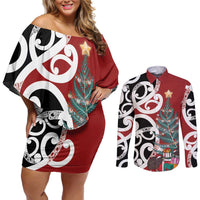 New Zealand Silver Fern Christmas Tree Couples Matching Off Shoulder Short Dress and Long Sleeve Button Shirt Meri Kirihimete - Polynesian Pride