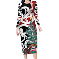 New Zealand Silver Fern Christmas Tree Family Matching Long Sleeve Bodycon Dress and Hawaiian Shirt Meri Kirihimete LT7 Mom's Dress Red - Polynesian Pride