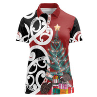 New Zealand Silver Fern Christmas Tree Women Polo Shirt Meri Kirihimete LT7 Female Red - Polynesian Pride