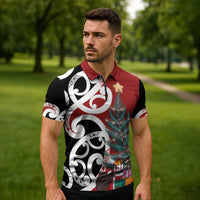 New Zealand Silver Fern Christmas Tree Zipper Polo Shirt Meri Kirihimete - Polynesian Pride
