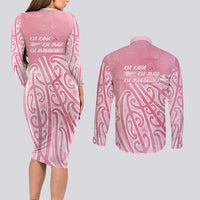 Breast Cancer Awareness Maori Couples Matching Long Sleeve Bodycon Dress and Long Sleeve Button Shirt Kia Kaha Kia Maia Kia Manawanui LT7 - Polynesian Pride