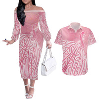 Breast Cancer Awareness Maori Couples Matching Off The Shoulder Long Sleeve Dress and Hawaiian Shirt Kia Kaha Kia Maia Kia Manawanui LT7 Pink - Polynesian Pride
