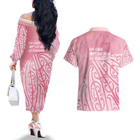 Breast Cancer Awareness Maori Couples Matching Off The Shoulder Long Sleeve Dress and Hawaiian Shirt Kia Kaha Kia Maia Kia Manawanui LT7 - Polynesian Pride