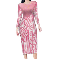 Breast Cancer Awareness Maori Family Matching Long Sleeve Bodycon Dress and Hawaiian Shirt Kia Kaha Kia Maia Kia Manawanui LT7 Mom's Dress Pink - Polynesian Pride