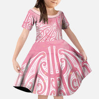 Breast Cancer Awareness Maori Family Matching Off The Shoulder Long Sleeve Dress and Hawaiian Shirt Kia Kaha Kia Maia Kia Manawanui LT7 Daughter's Dress Pink - Polynesian Pride