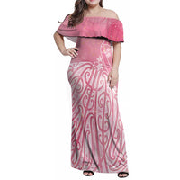 Breast Cancer Awareness Maori Family Matching Off Shoulder Maxi Dress and Hawaiian Shirt Kia Kaha Kia Maia Kia Manawanui LT7 Mom's Dress Pink - Polynesian Pride