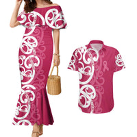 Breast Cancer Awareness Maori Couples Matching Mermaid Dress and Hawaiian Shirt Koru Kowhaiwhai LT7 Pink - Polynesian Pride