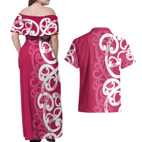 Breast Cancer Awareness Maori Couples Matching Off Shoulder Maxi Dress and Hawaiian Shirt Koru Kowhaiwhai LT7 - Polynesian Pride
