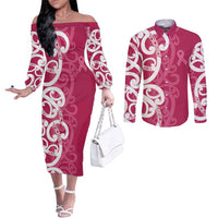 Breast Cancer Awareness Maori Couples Matching Off The Shoulder Long Sleeve Dress and Long Sleeve Button Shirt Koru Kowhaiwhai LT7 Pink - Polynesian Pride