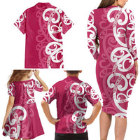 Breast Cancer Awareness Maori Family Matching Long Sleeve Bodycon Dress and Hawaiian Shirt Koru Kowhaiwhai LT7 - Polynesian Pride