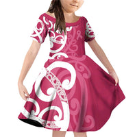 Breast Cancer Awareness Maori Family Matching Off Shoulder Short Dress and Hawaiian Shirt Koru Kowhaiwhai LT7 Daughter's Dress Pink - Polynesian Pride
