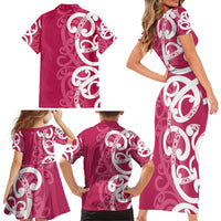 Breast Cancer Awareness Maori Family Matching Short Sleeve Bodycon Dress and Hawaiian Shirt Koru Kowhaiwhai LT7 - Polynesian Pride
