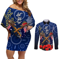 Anzac Couples Matching Off Shoulder Short Dress and Long Sleeve Button Shirt Australia Aboriginal Mix New Zealand Slouch Hats LT7 Blue - Polynesian Pride